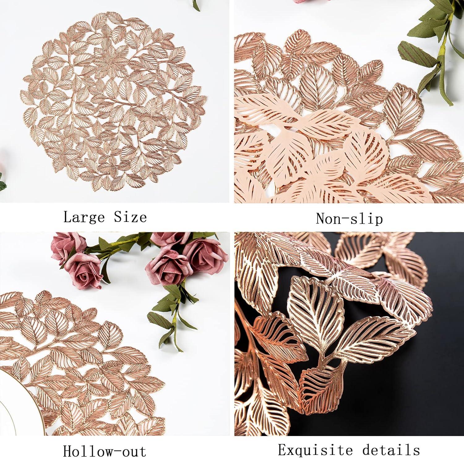 Rose Gold Placemats Set of 6 Metallic Leaf Round Placemats Non-Slip Wipeable Table Mats for Dinner,Party,Home Decoration Wedding Accent Centerpiece
