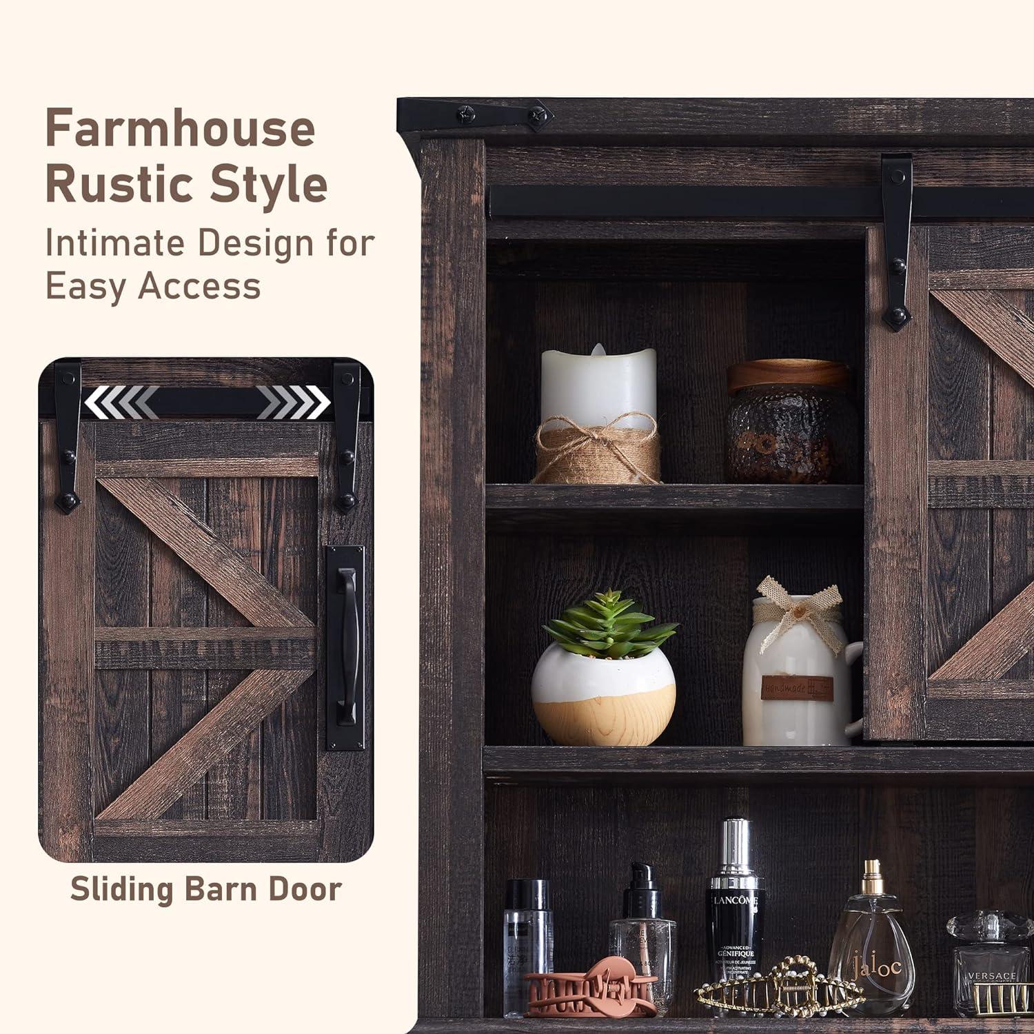 Dark Rustic Oak Farmhouse Wall Cabinet with Sliding Barn Door