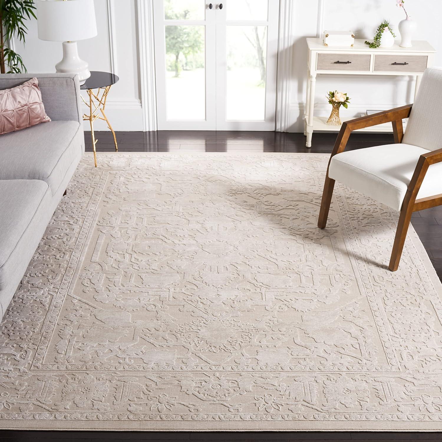 Elegant Ivory Floral 5' Square Synthetic Easy-Care Rug