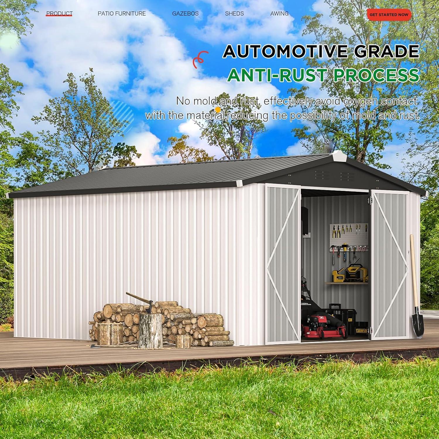 AECOJOY 10' x 14' Outdoor Storage Shed with Lockable Door Patio Metal Garden Storage Building in White for Outside