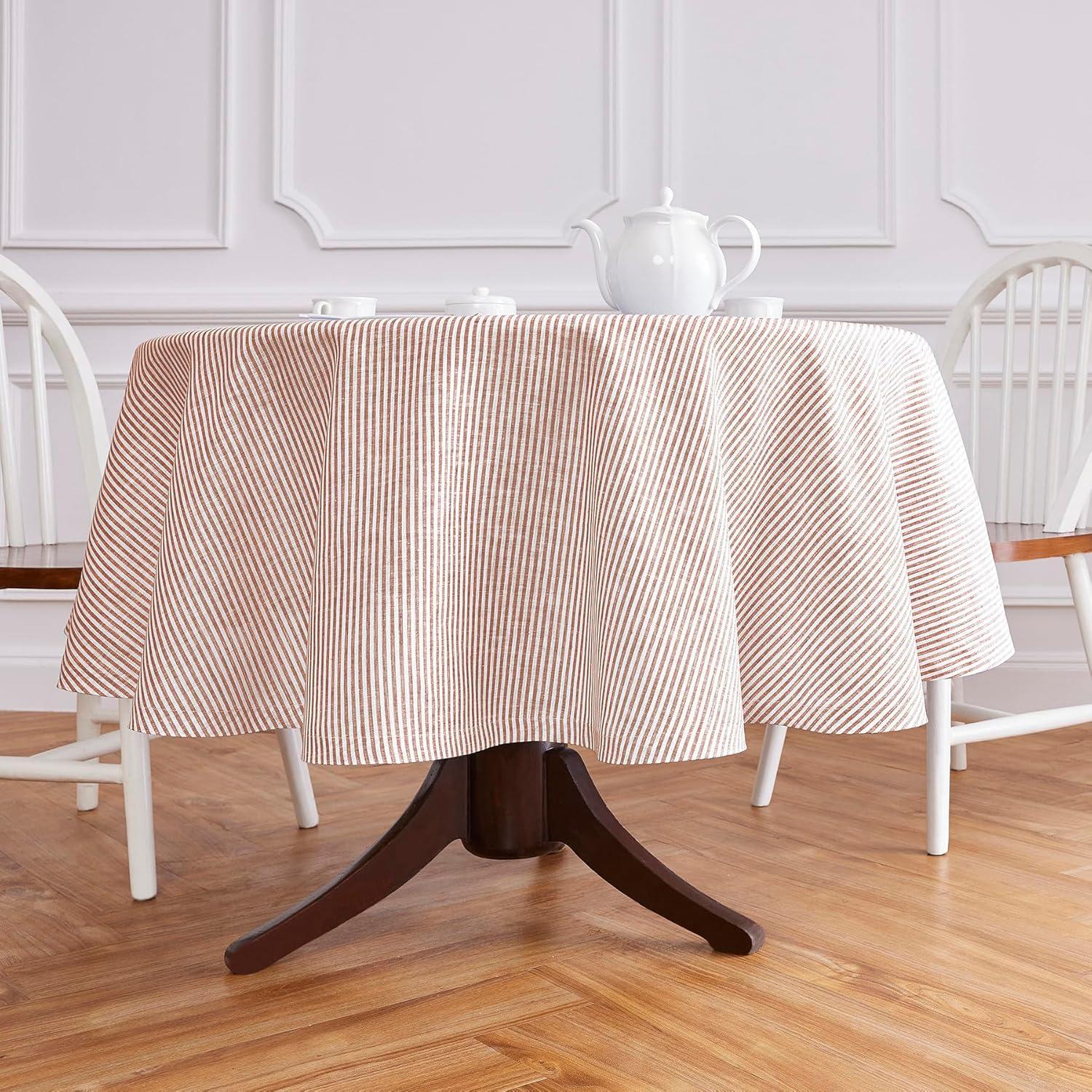 Cinnamon and White Striped Linen Round Tablecloth 60 Inch