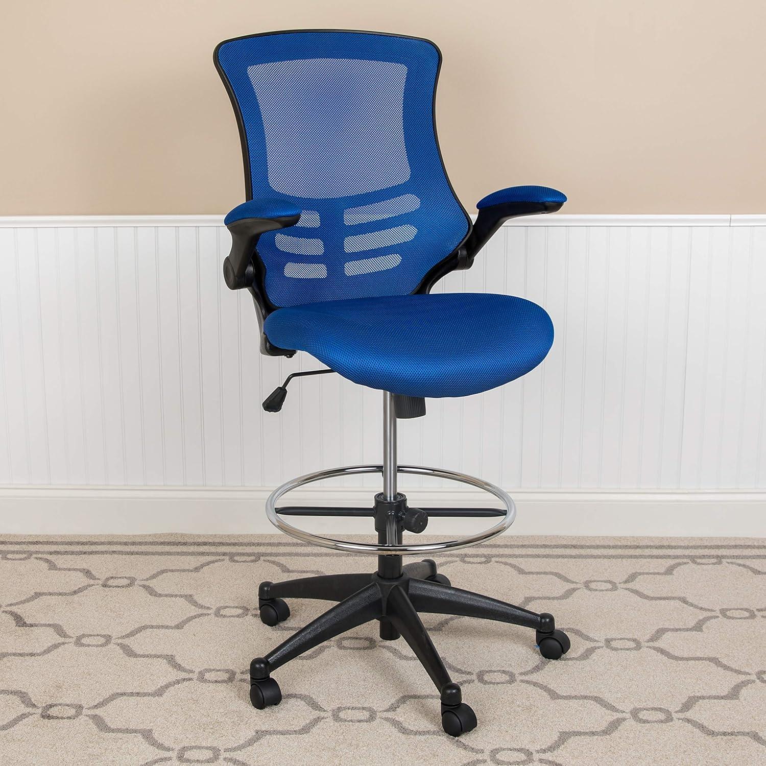 Emma and Oliver Mid-Back Red Mesh Ergonomic Drafting Chair with Foot Ring and Flip-Up Arms