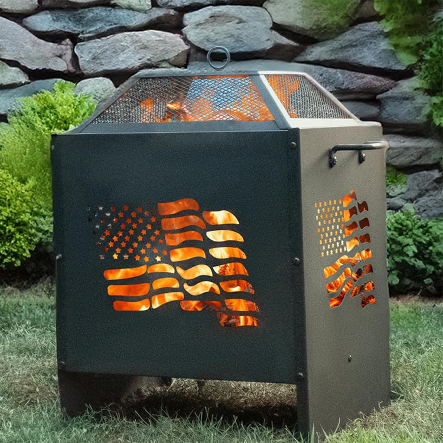 Square Painted Wood Fire Pit with US Flag Design