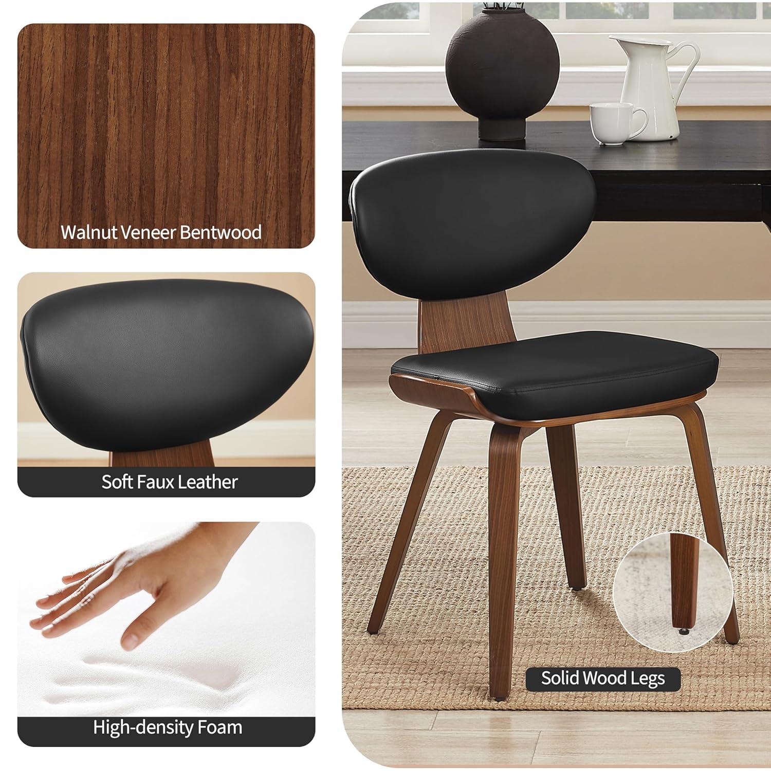 Art Leon Dining Chairs - Mid Century Modern Dining Room Chairs, Faux Leather Upholstered Armless Side Chair with Wood Legs for Kitchen, Set of 2, Walnut Bentwood/Black