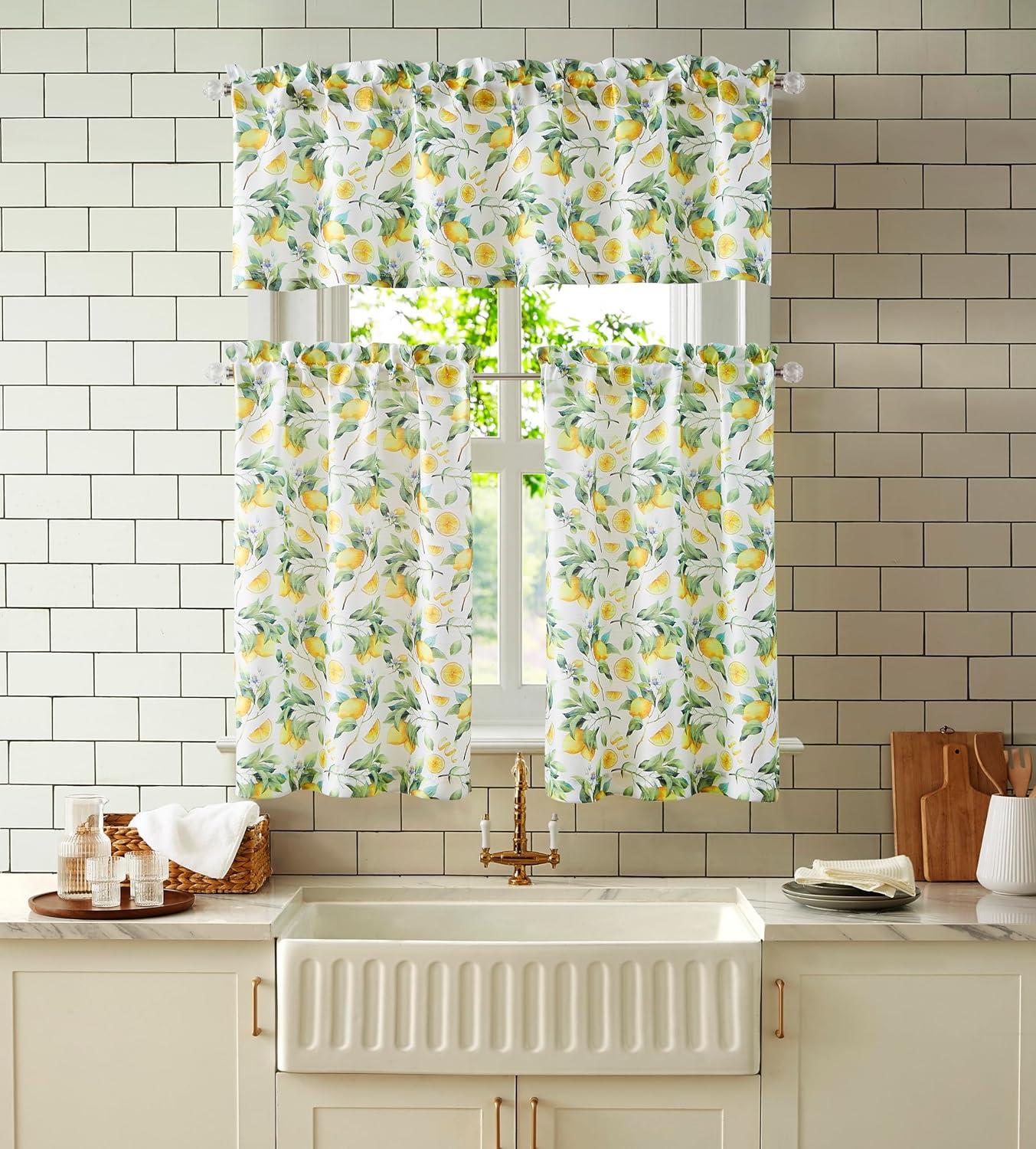 RT Designer's Collection Tribeca Lemons Printed 3 Pieces Kitchen Curtain Set Includes 1 Valance 52" x 18" and 2 Tiers 26" x 36" Each Multi Color