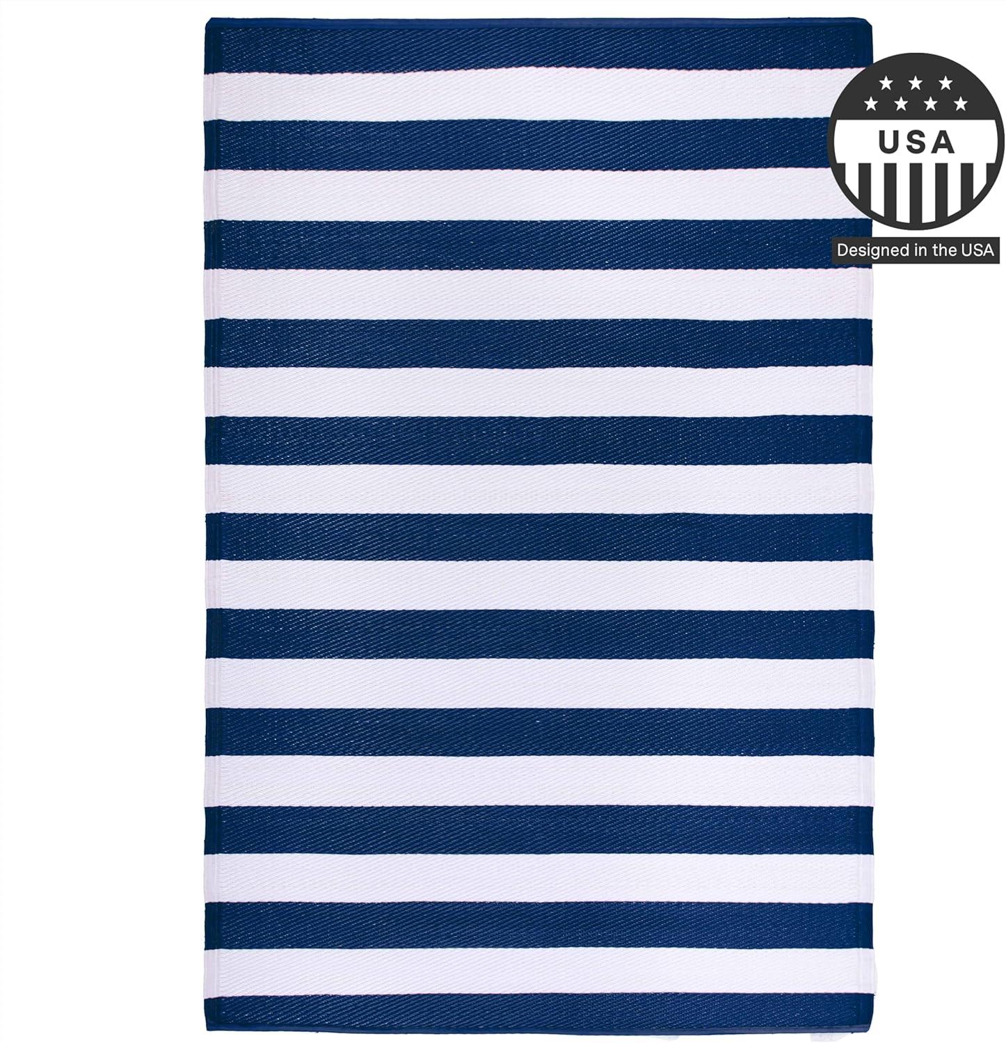 FH Home Outdoor Rug - Waterproof, Fade Resistant, Crease-Free - Premium Recycled Plastic - Striped - Patio, Deck, Porch, Balcony, Laundry Room - Brittany Stripe - Blue & White - 4 x 6 ft