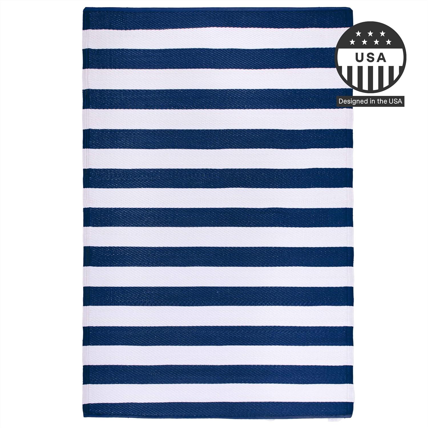 FH Home Outdoor Rug - Waterproof, Fade Resistant, Crease-Free - Premium Recycled Plastic - Striped - Patio, Deck, Porch, Balcony, Laundry Room - Brittany Stripe - Blue & White - 4 x 6 ft