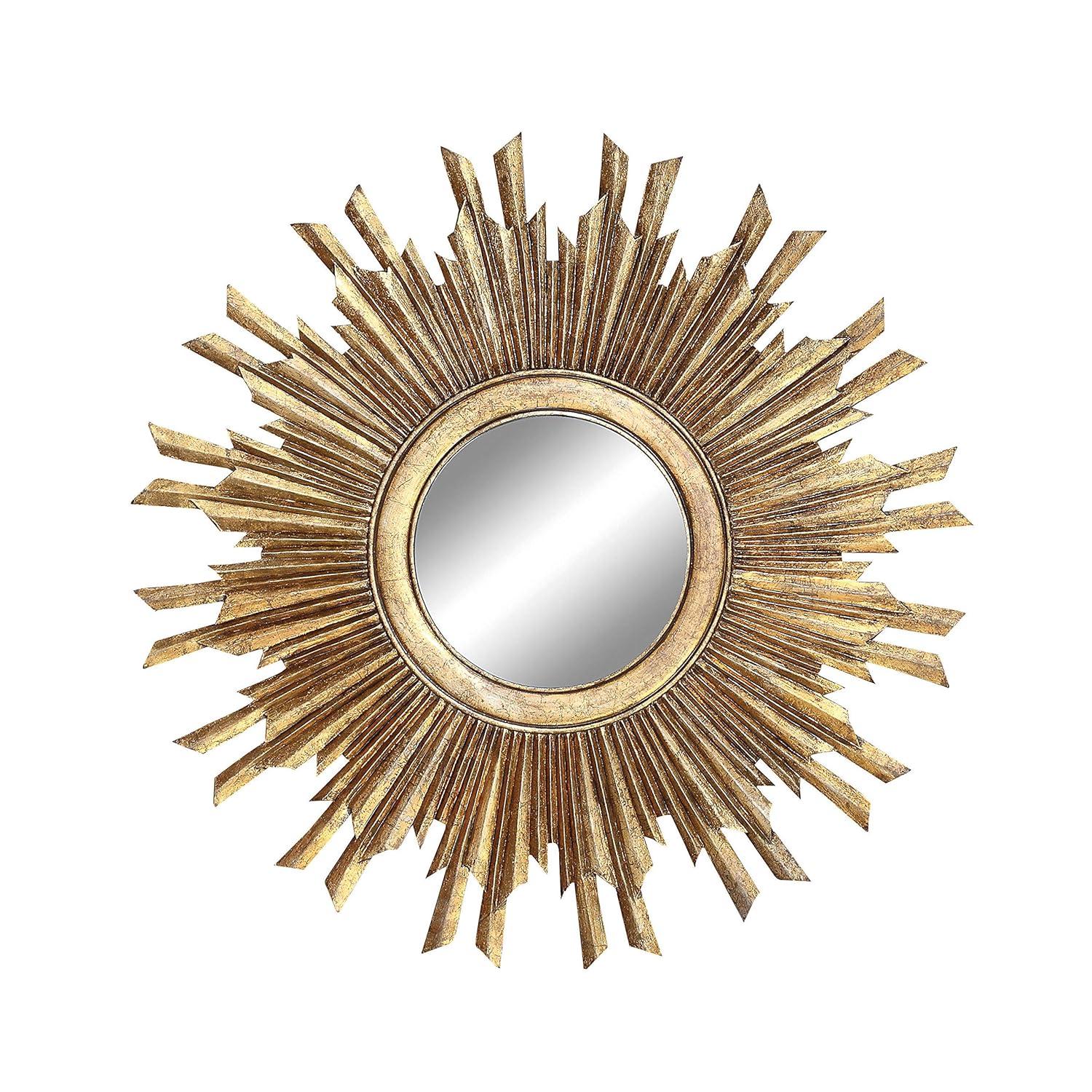 35.5" Round Wood Sunburst Wall Mirror Gold Finish - Storied Home: Eclectic Foyer Accent, MDF Composite