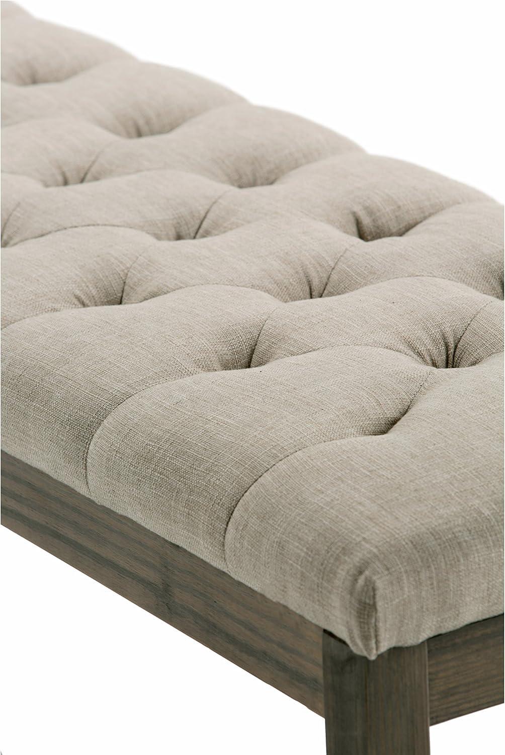 Elegant Natural Linen Tufted Pine Wood Rectangular Bench Ottoman