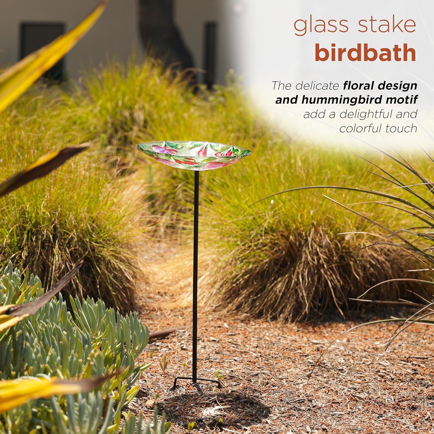 10" Glass Stake Birdbath DHF10 w/Flowers and Hummingbird