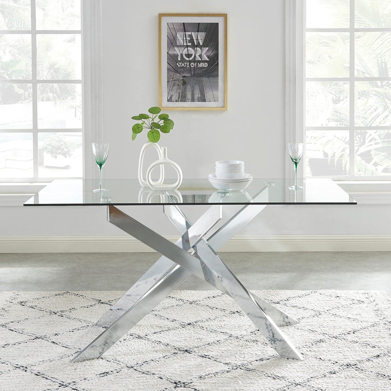 Silver Glass Rectangle Dining Table with Chrome Cross Legs