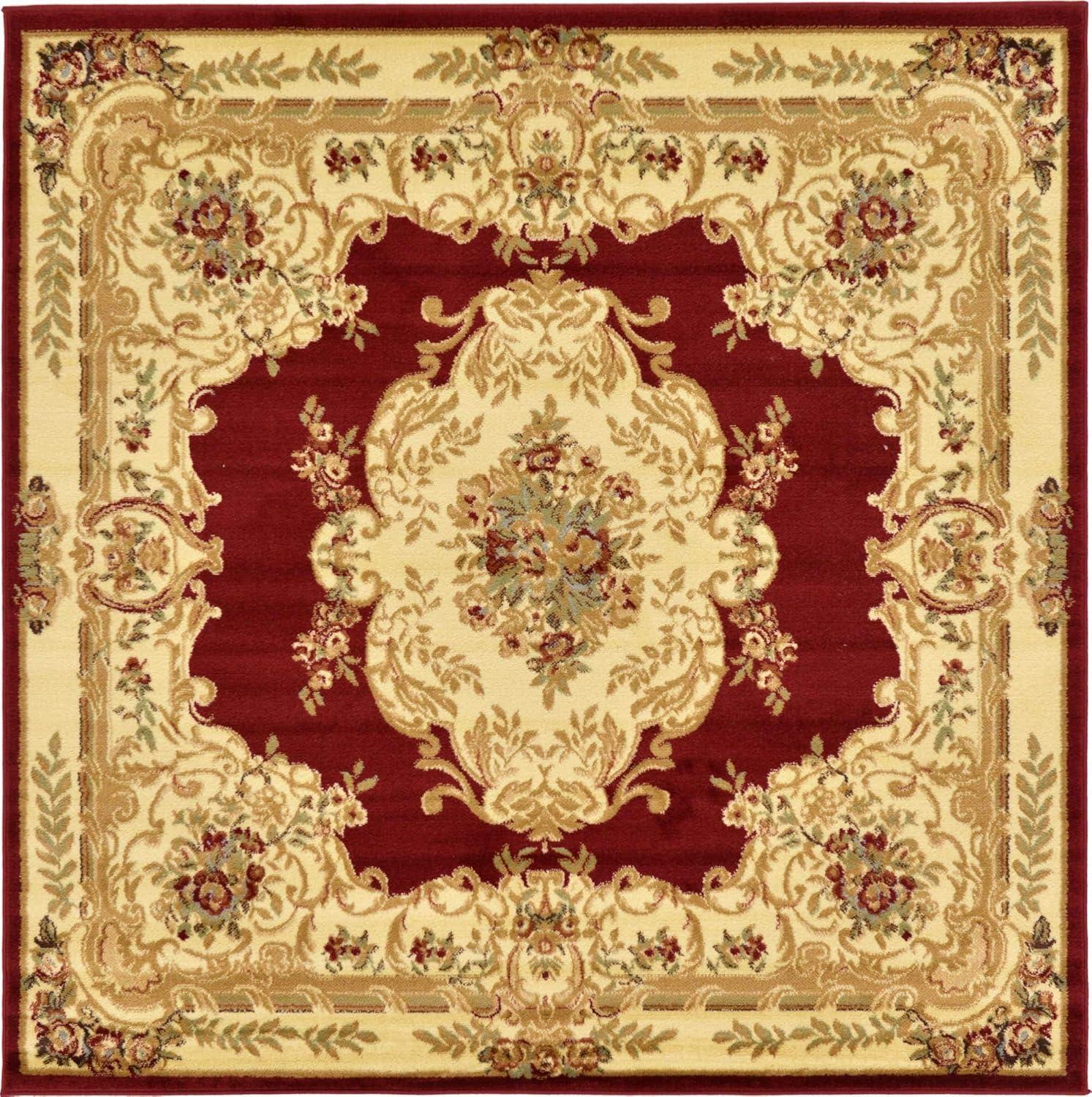 Elegant Versailles Red Square Synthetic Rug, 6'x6', Stain-Resistant