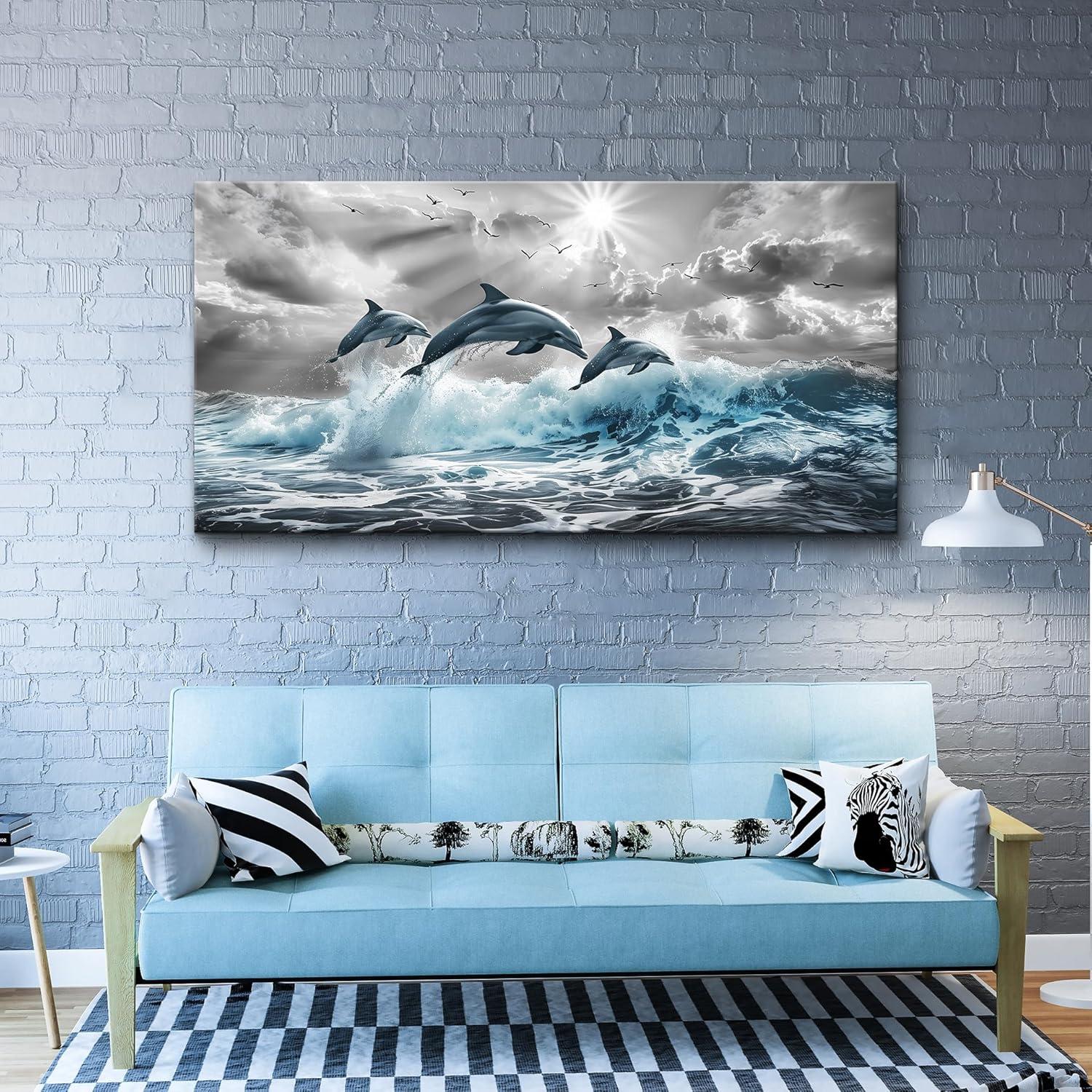 Chilfamy Wall Decorations For Living Room Canvas Wall Art For Bedroom Blue Waves Of The Sea Wall Pictures Artwork Office Canvas Art Print Dolphins Wall Paintings Ready To Hang Home Decor 20x16 Inch