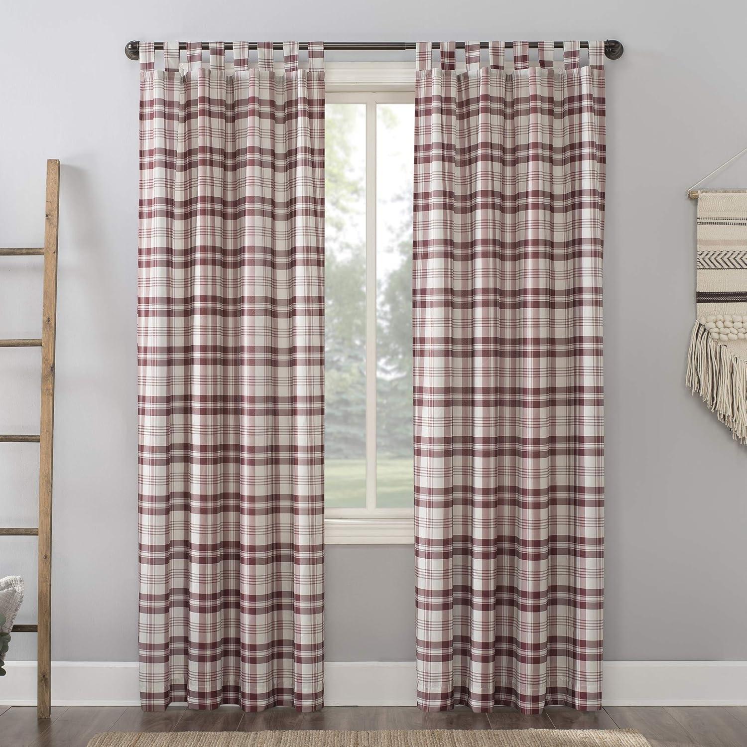 No. 918 Blair Farmhouse Plaid Semi-Sheer Tab Top Curtain Panel, 52" x 84", Red/Ecru Off-White