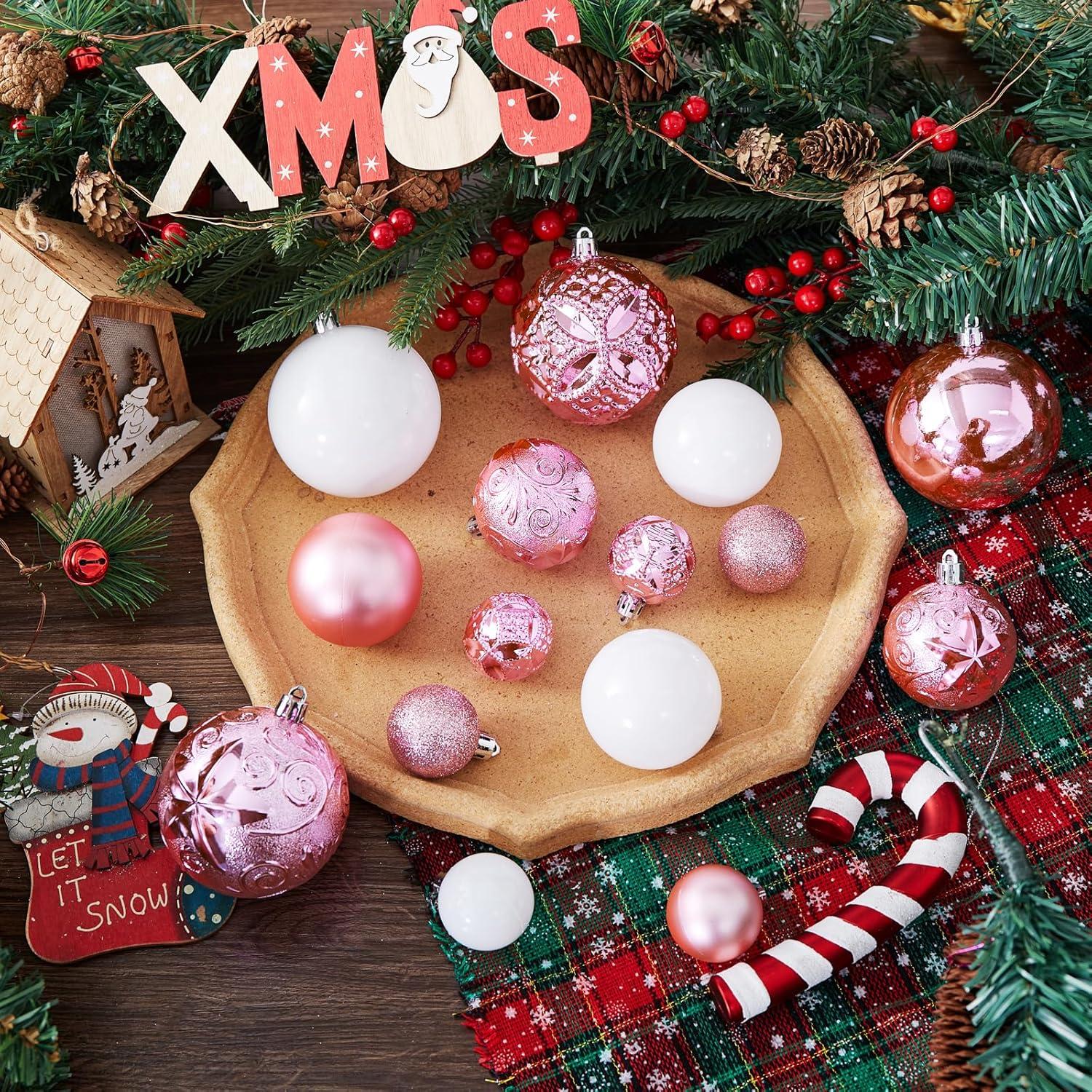 87-Pack Rose Gold and White Shatterproof Plastic Christmas Ornaments Set