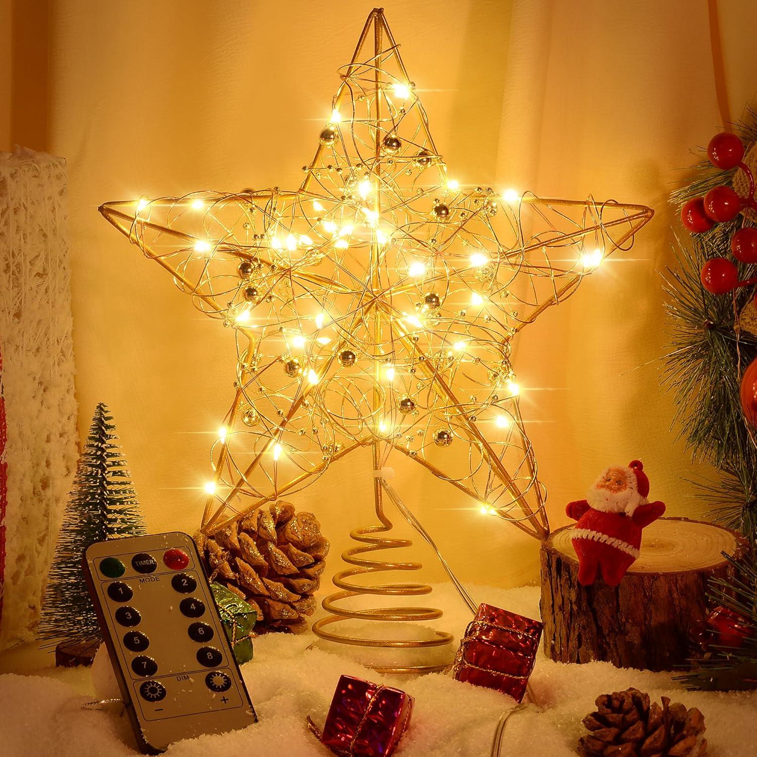 Gold LED Metal Star Christmas Tree Topper with Remote