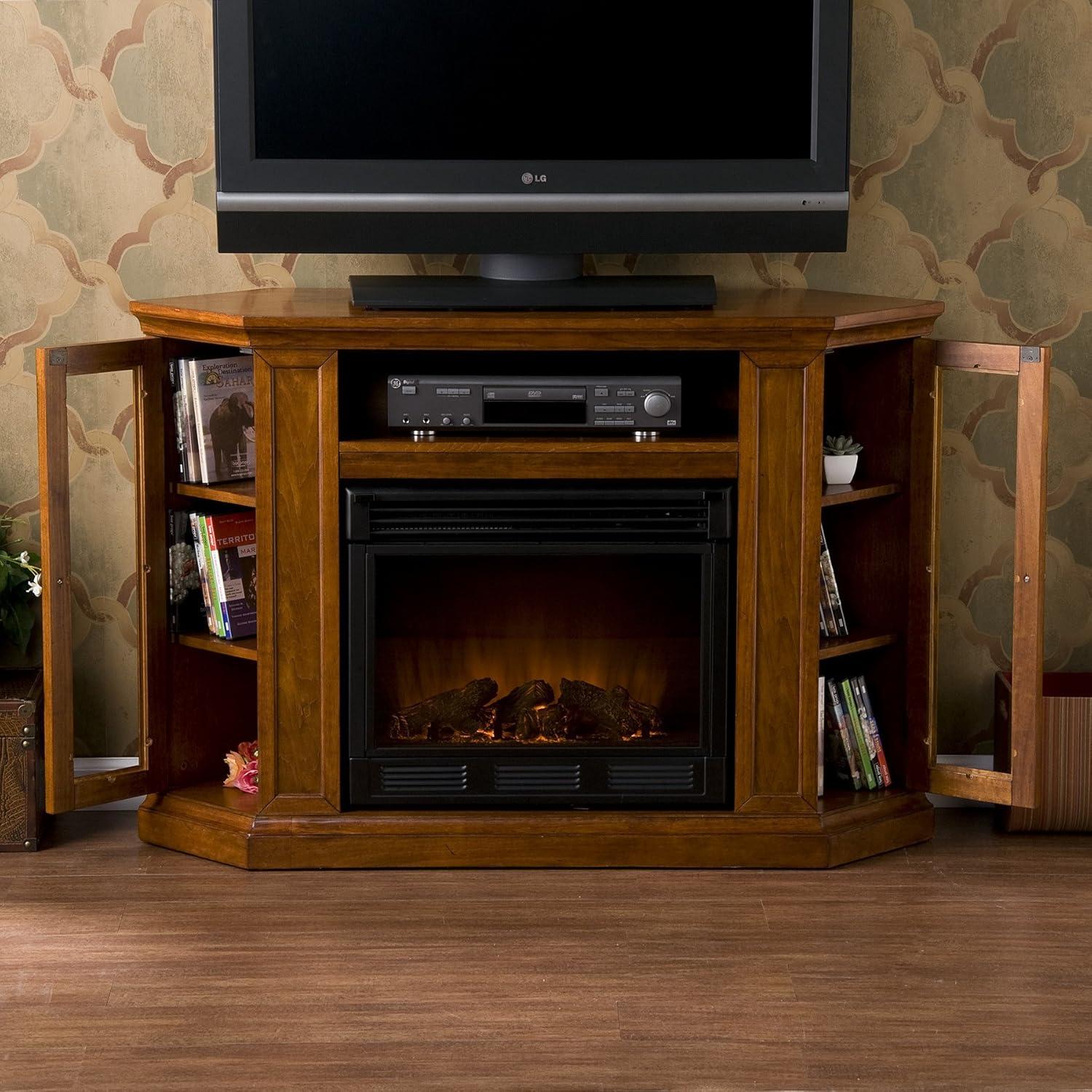 Mahogany Corner Media Stand with Electric Fireplace and Storage