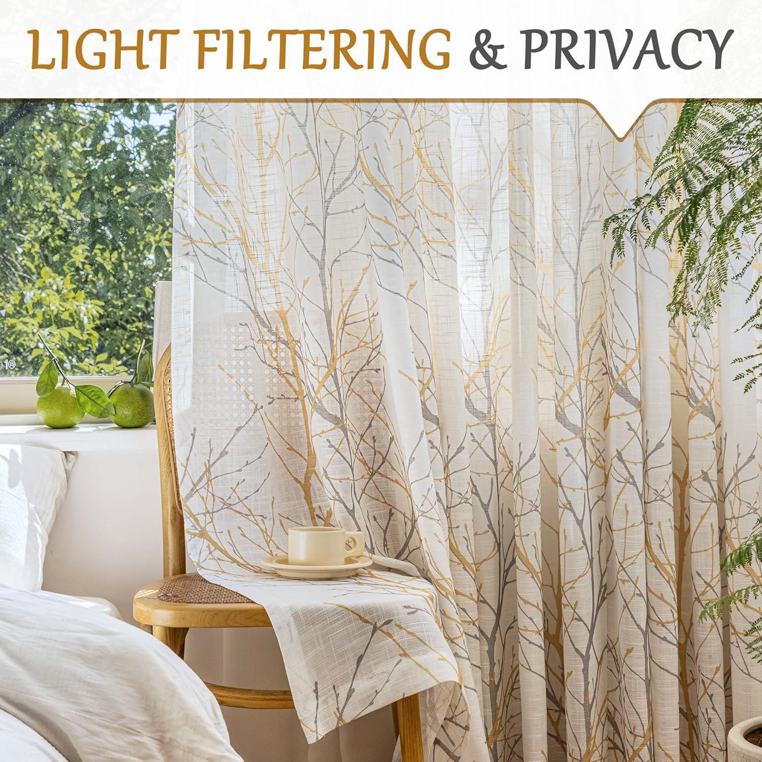 FMFUNCTEX Linen Semi Sheer Curtains for Bedroom, Yellow White Curtains 63 Inches Long for Living Room, Grey Tree Branch Print Curtain Light Filtering Farmhouse Window Drapes, Grommet Top 2 Panels