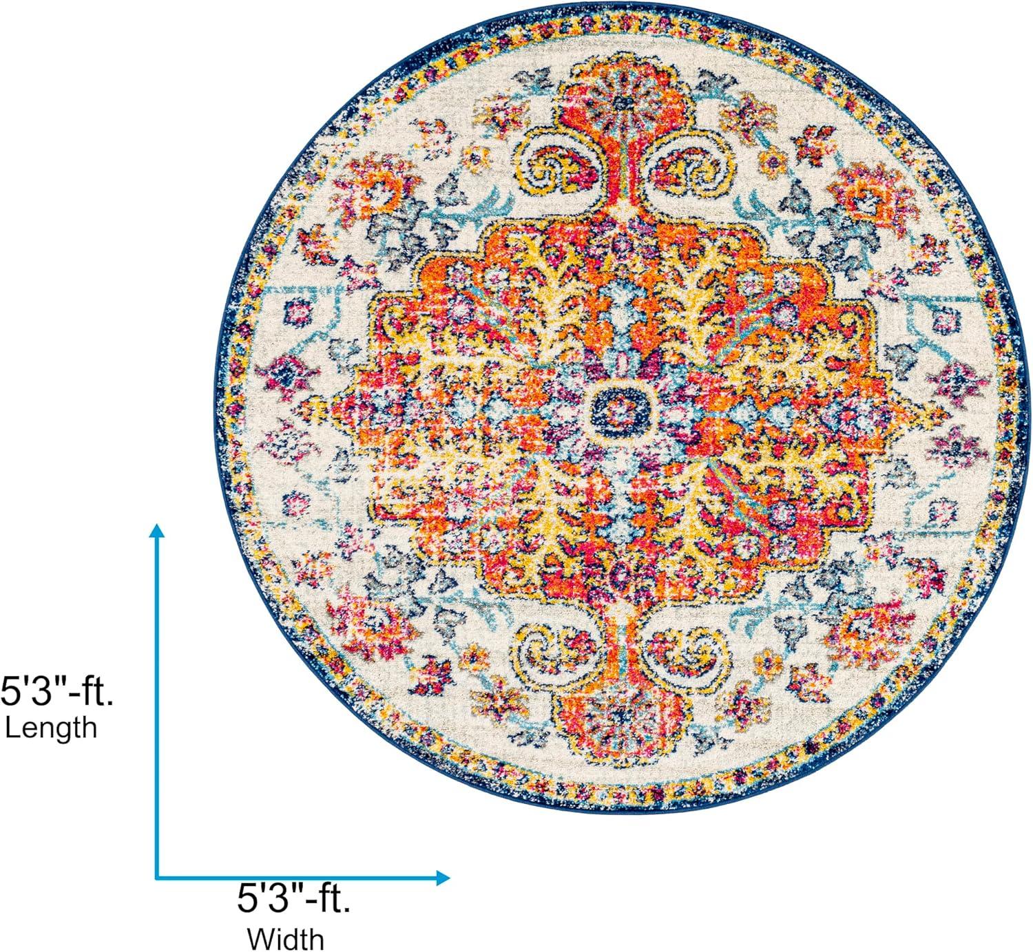 Livabliss 5'3" Round Abby Traditional Rugs Aqua: Medium Pile, Stain & Fade-Resistant, Polypropylene