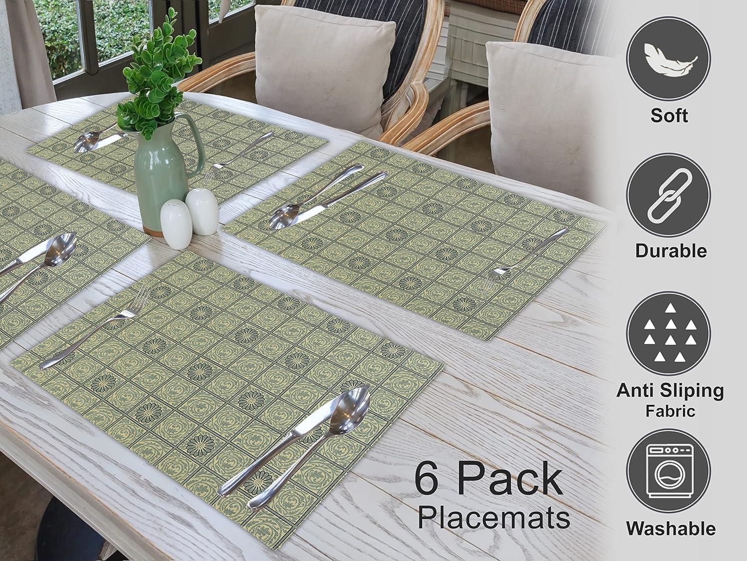 Ruvanti Placemats 100% Cotton 13x19 inch, Dining Table Placemats Set of 6, Modern Place Mats for Dining Table Décor, Kitchen & Table Linens, Coffee Mat for Christmas Dinners – Floral Tiles