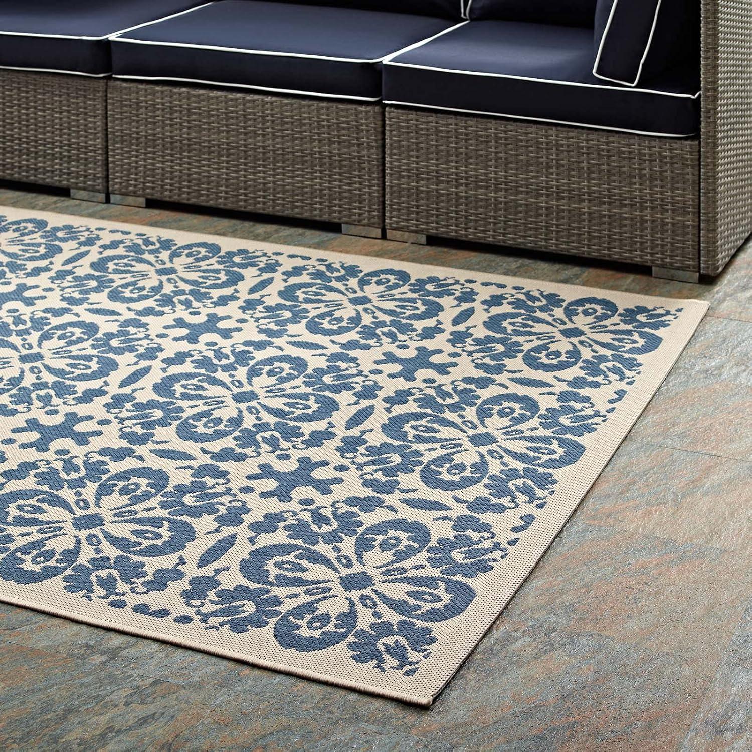 Modway Ariana Vintage Floral Trellis 9x12 Indoor and Outdoor Area Rug – Blue and Beige – Large Weather-Resistant Low Pile Rug for Patio or Living Room