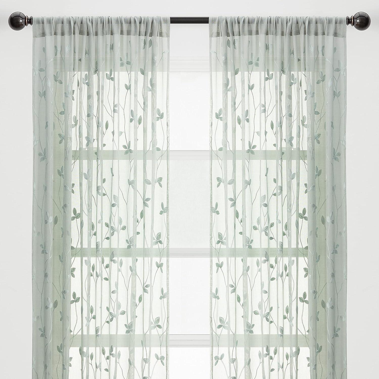 Chanasya 2pk Embroidered Vine Sheer Window Curtain Panels - Set of 2 - 52 x 96 Inches Long - Sage