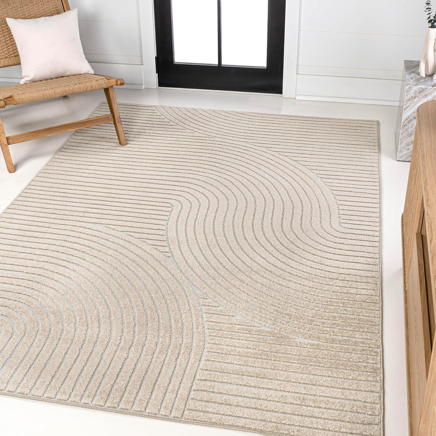 JONATHAN Y Hallie High-Low Minimalist Curve Geometric Beige/Cream 4 ft. x 6 ft. Indoor/Outdoor Area Rug