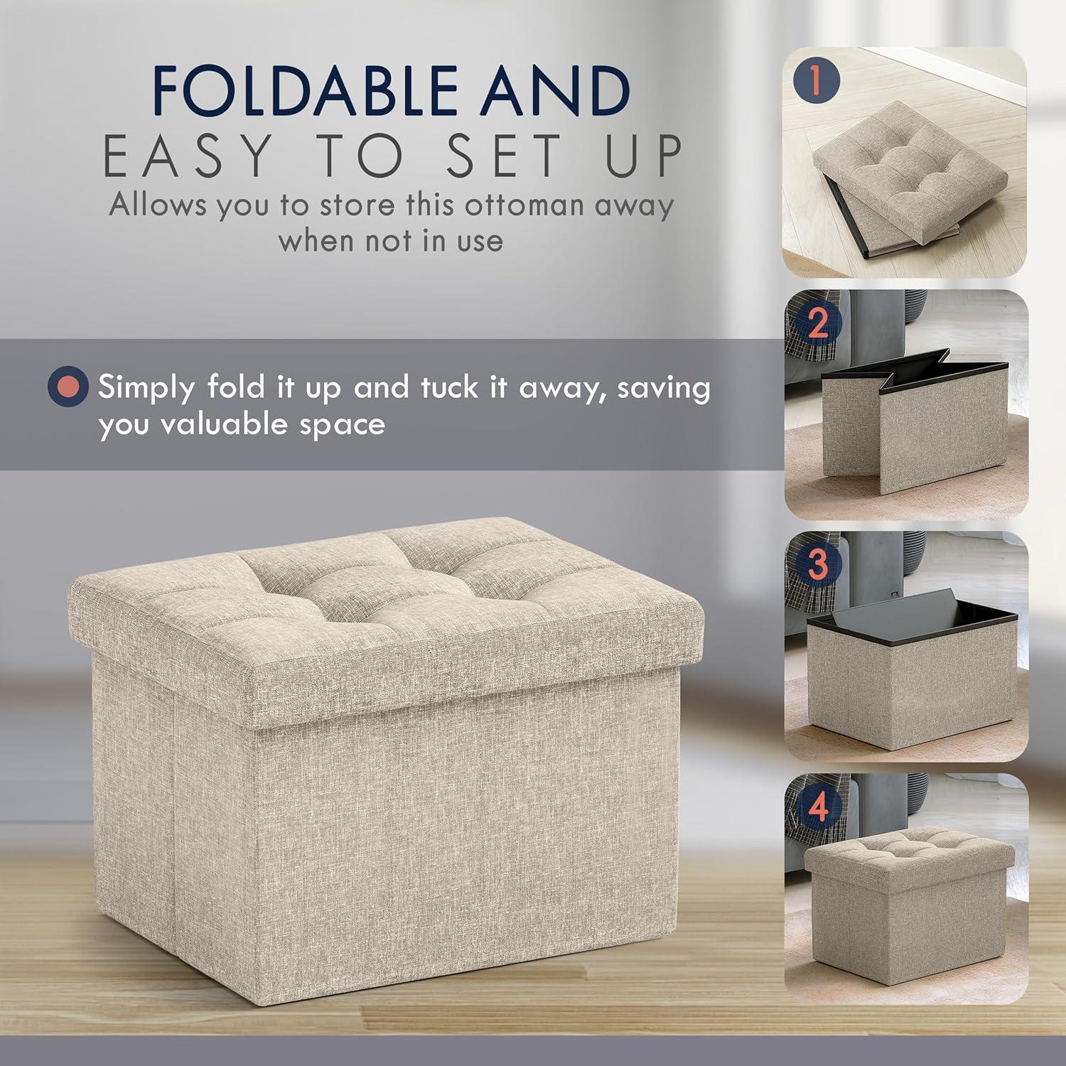 Small White Tufted Linen Foldable Storage Ottoman