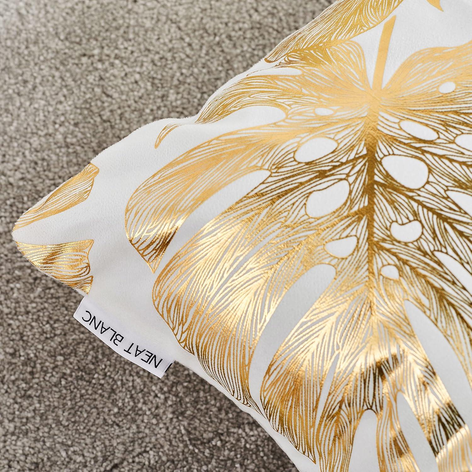 Pack of 4 Decorative Throw Pillow Case Cushion Cover Gold Stamping Leaves 18 x 18 inches 45 x 45 cm for Couch Bedroom Car