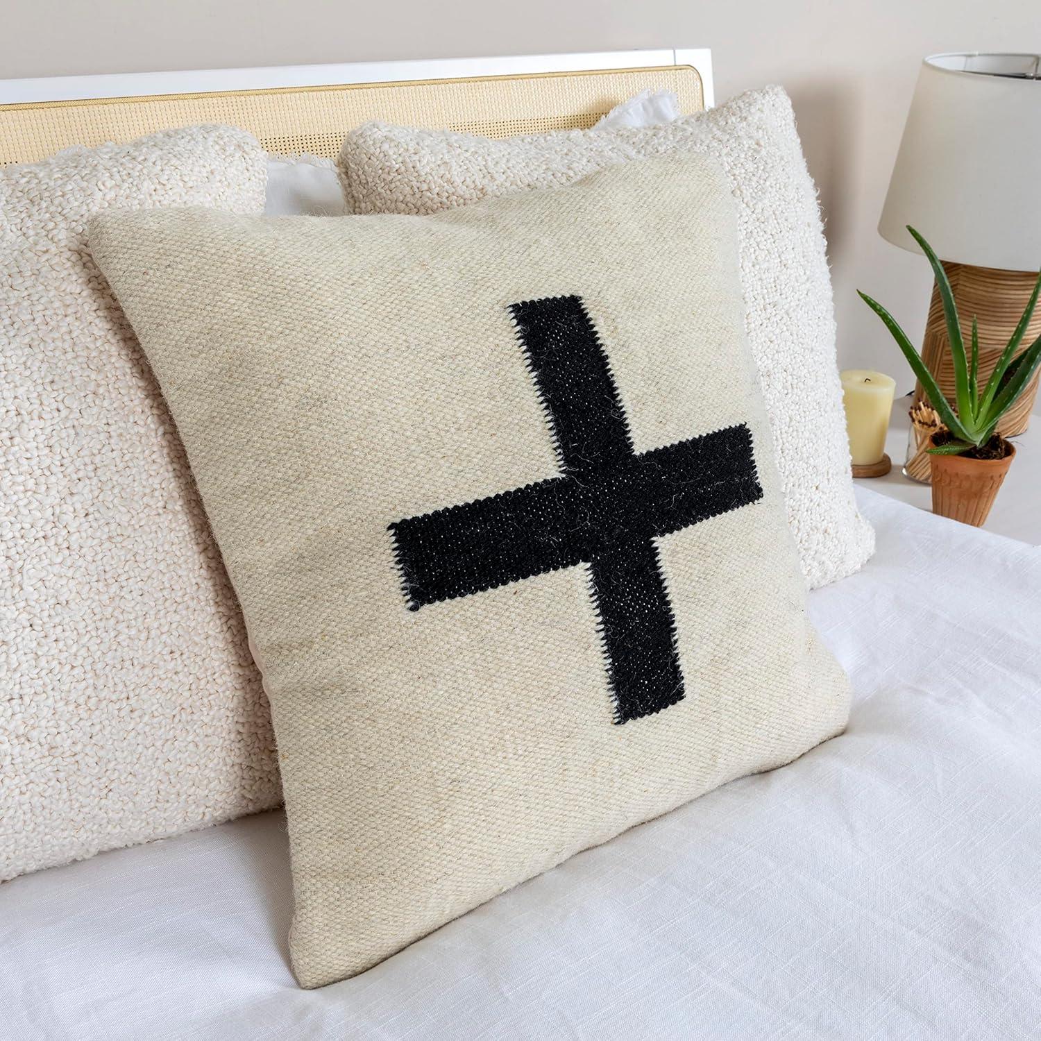 Creative Co-Op Swiss Cross Cotton Wool Throw Pillow, Black and Natural