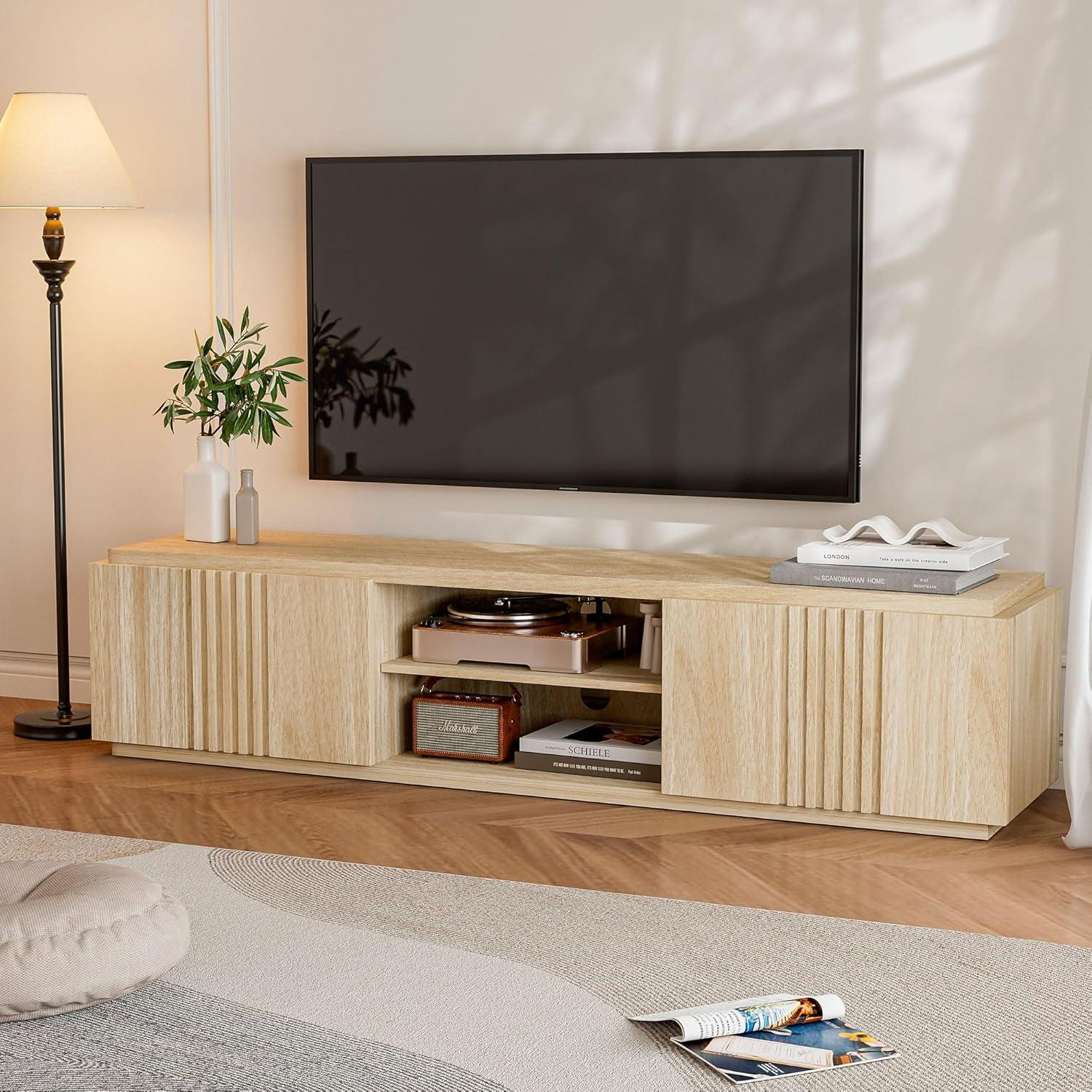 White Lotus 70" Wood TV Stand with Cabinet and Shelves