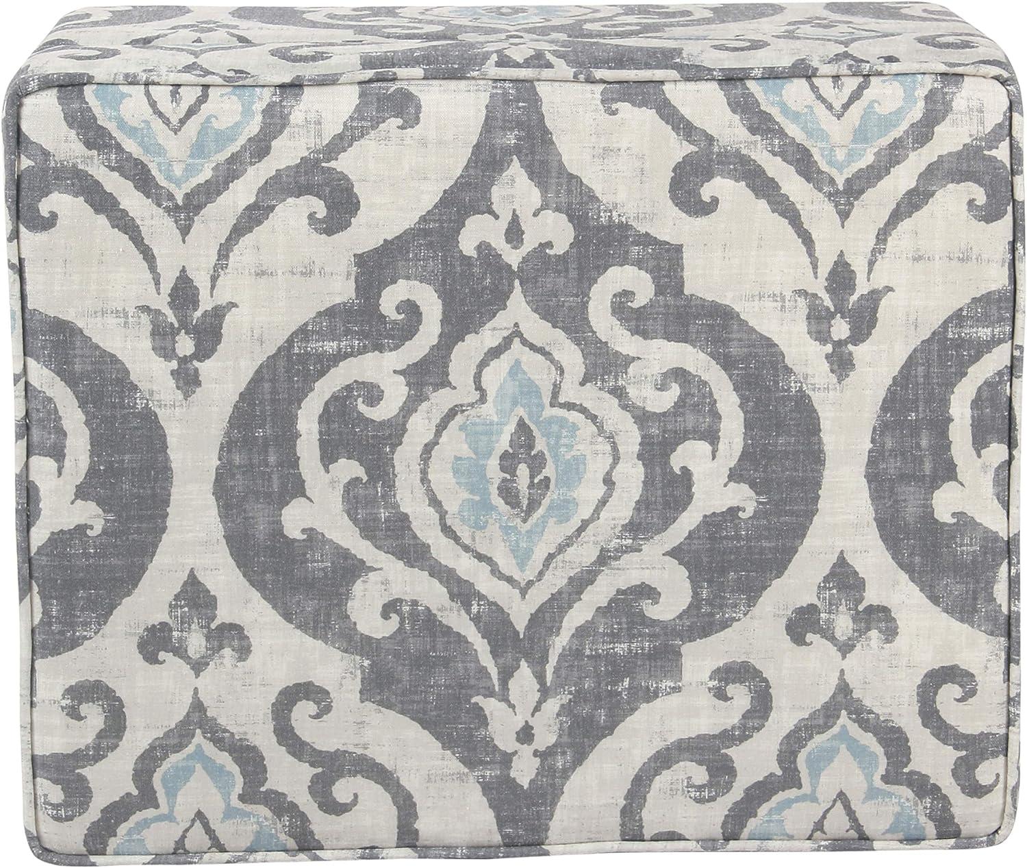 Medium Storage Ottoman Gray/Blue - HomePop: Upholstered Rectangular Footstool with Damask Pattern, Plywood & Hardwood Frame