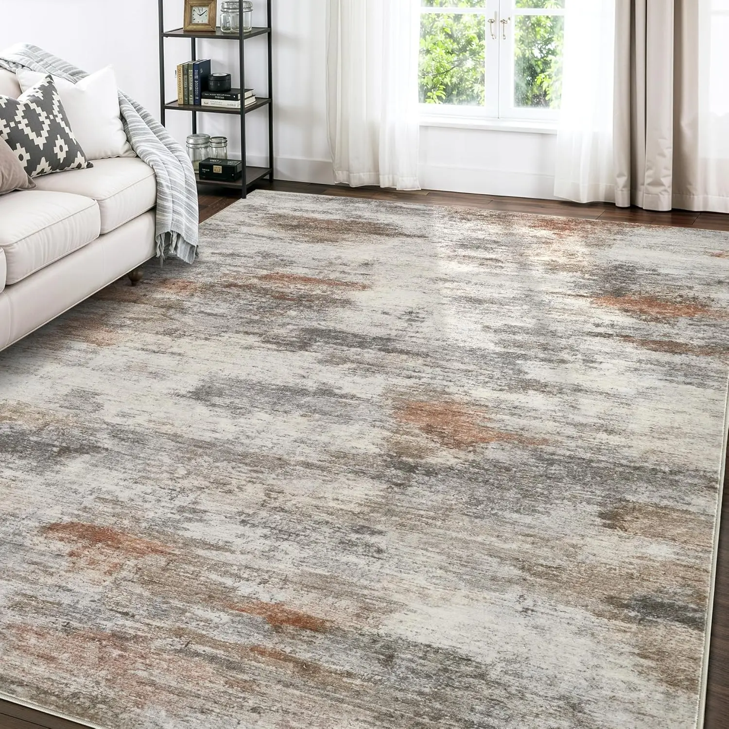 Area Rugs for Living Room: 8x10 Washable Neutral Modern Rug for Bedroom Large Soft Abstract Dining Room Rugs Indoor Floor Low Pile Carpet for Home Office Nursery - Rust Grey