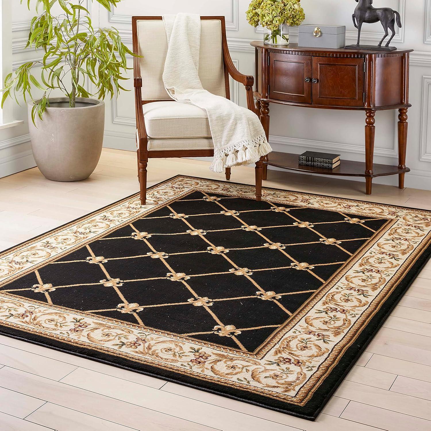 Black and Beige Floral Medallion Synthetic Area Rug