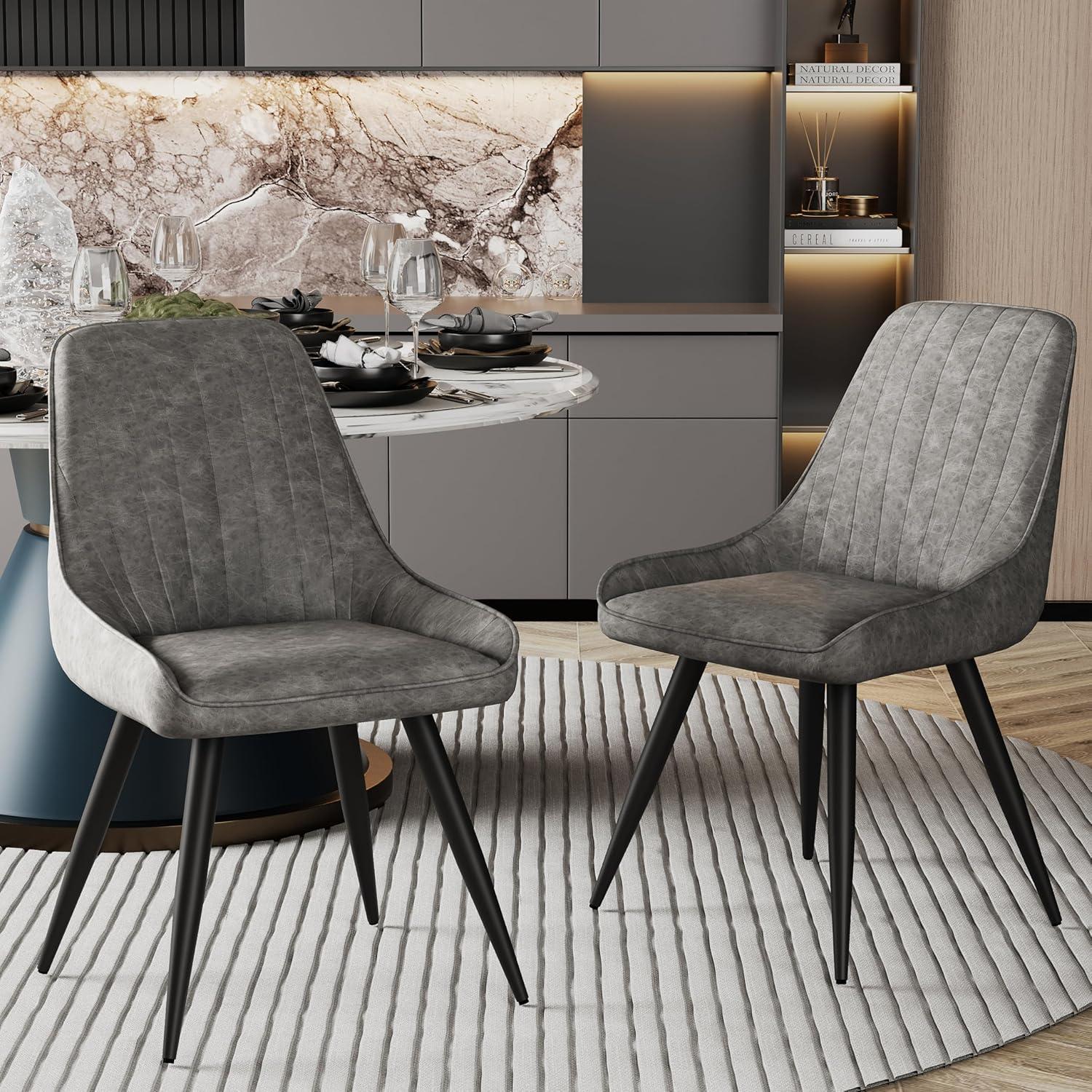 Alunaune Upholstered Dining Chairs Set of 2 Modern Faux Leather Armless Kitchen Chairs, Mid Century Leisure Accent Chair Living Room Desk Side Chair with Metal Legs-Grey