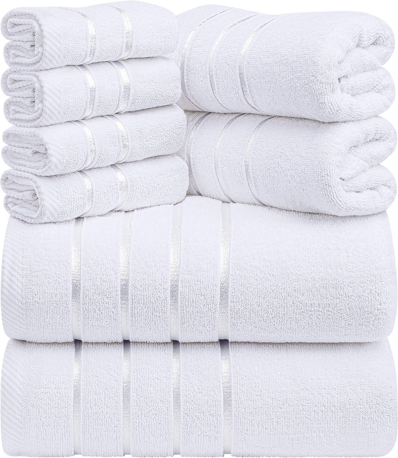 White Cotton 8-Piece Luxury Towel Set with Viscose Stripes