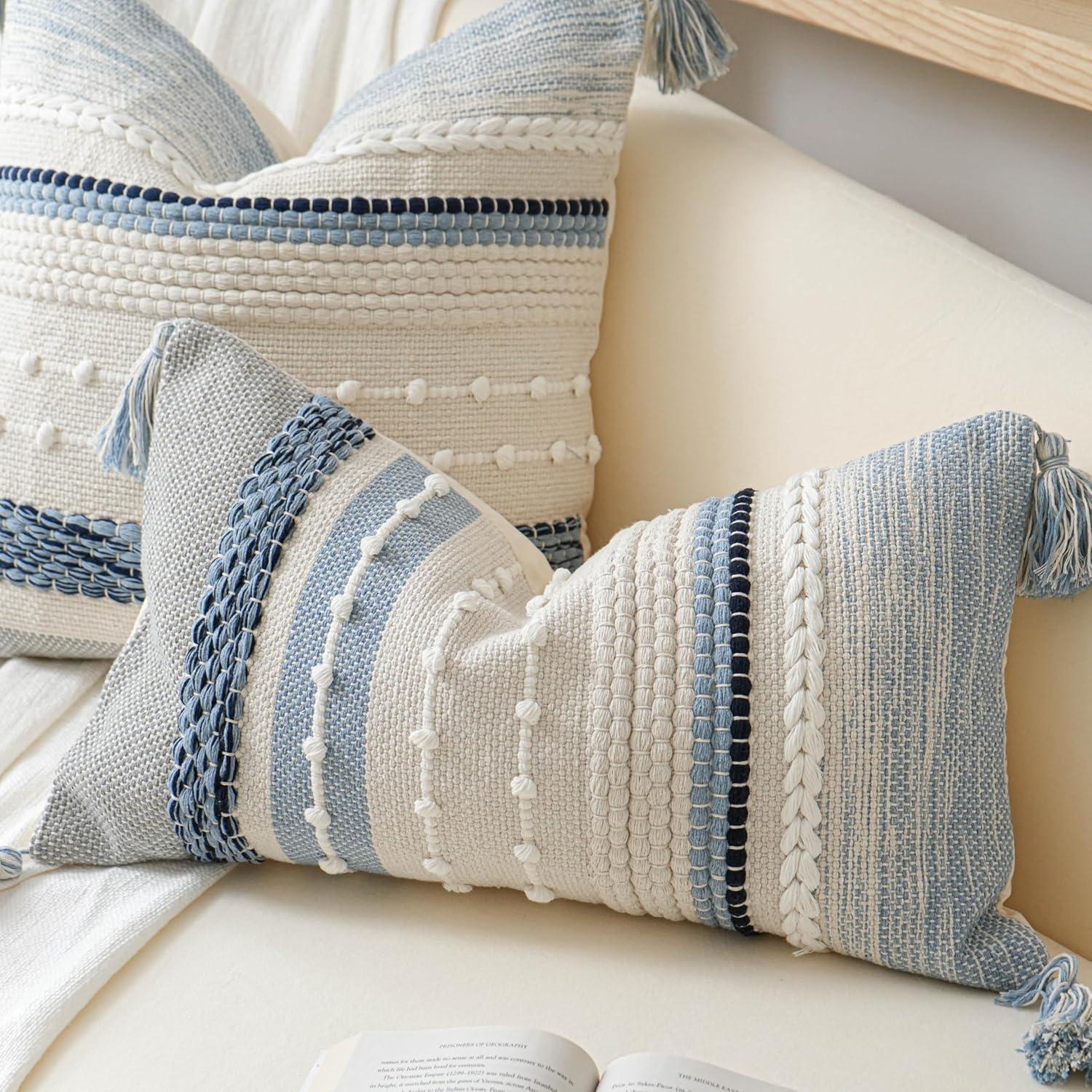 Decorative Lumbar Throw Pillow Cover 14x24 Boho Coastal Blue Accent Cushion for Couch Sofa Farmhouse Pillowcase for Bedroom Living Room Home Décor Cover ONLY