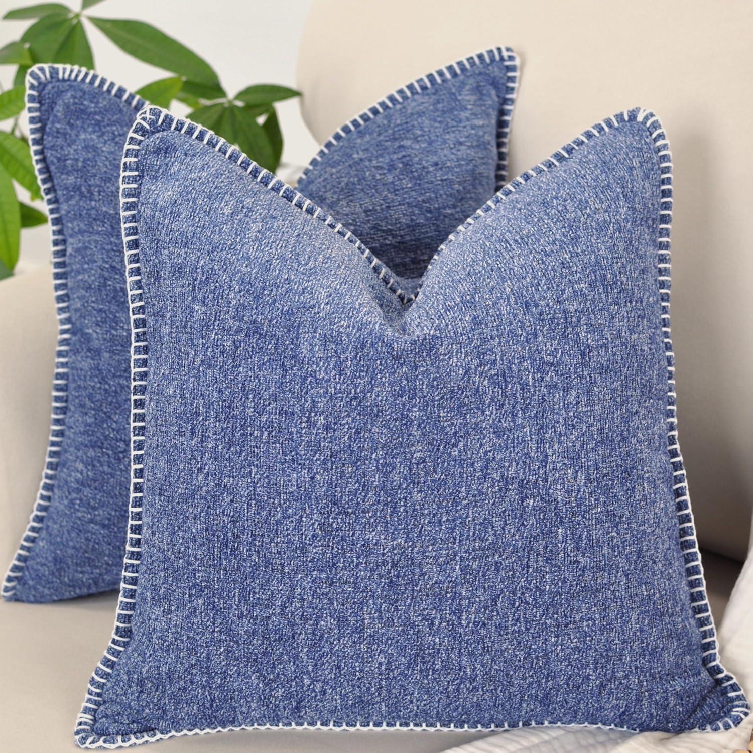 Soft Chenille Throw Pillow Covers With Stitched Edge (Set of 2)