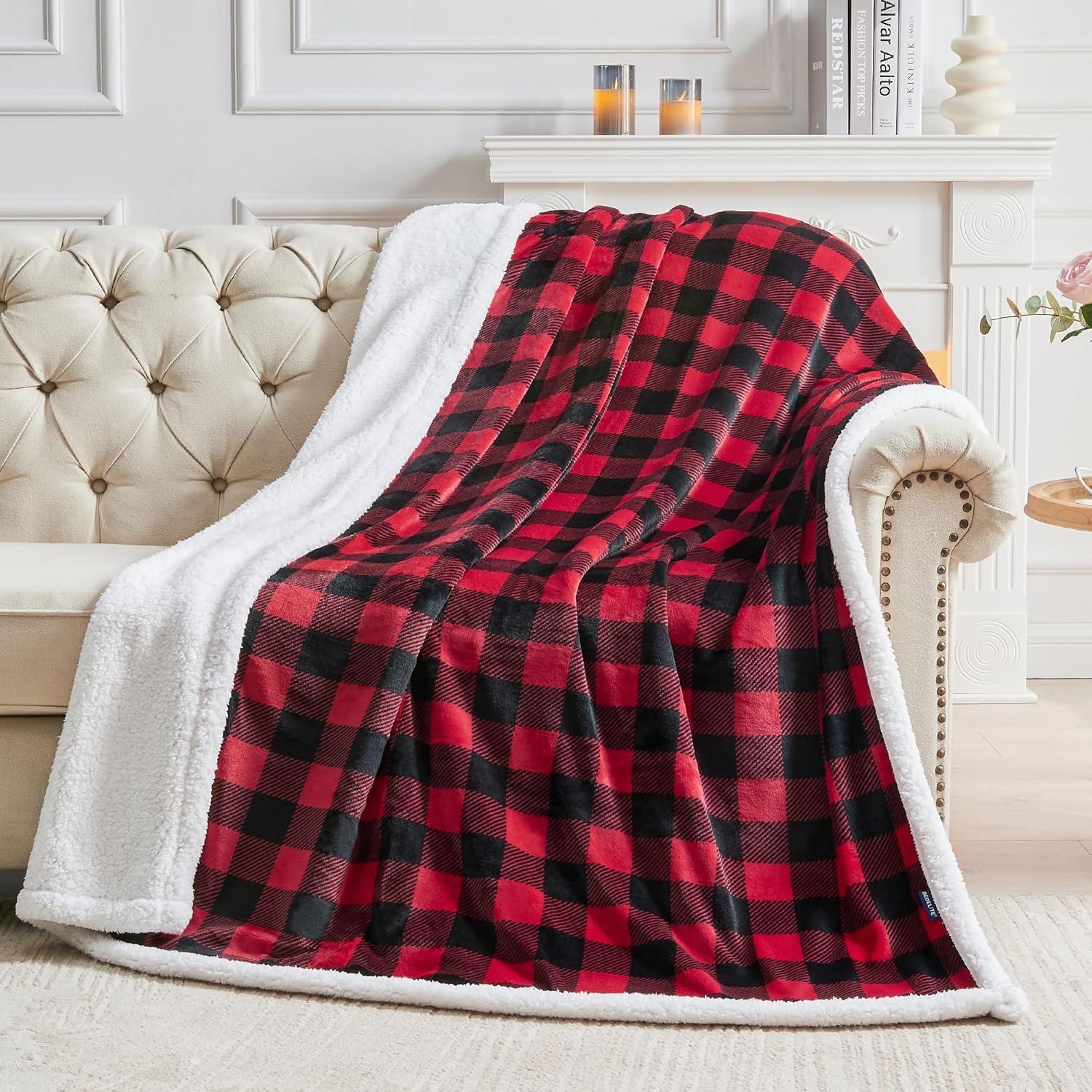 Fleece Throw Blanket for Couch Sofa Bed, Buffalo Plaid Decor Red and Black Checkered Blanket, Cozy Fuzzy Soft Lightweight Warm Blankets for Winter and Spring