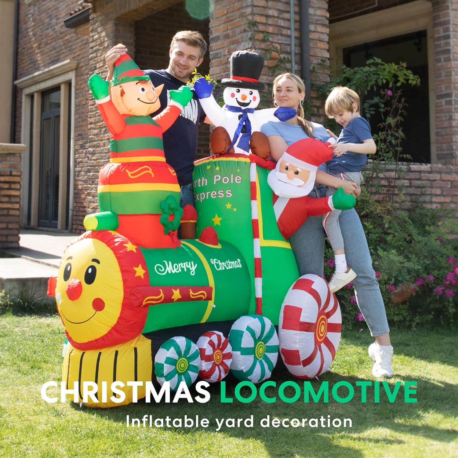 6ft Colorful Inflatable Christmas Train with Santa, Elf, and Snowman