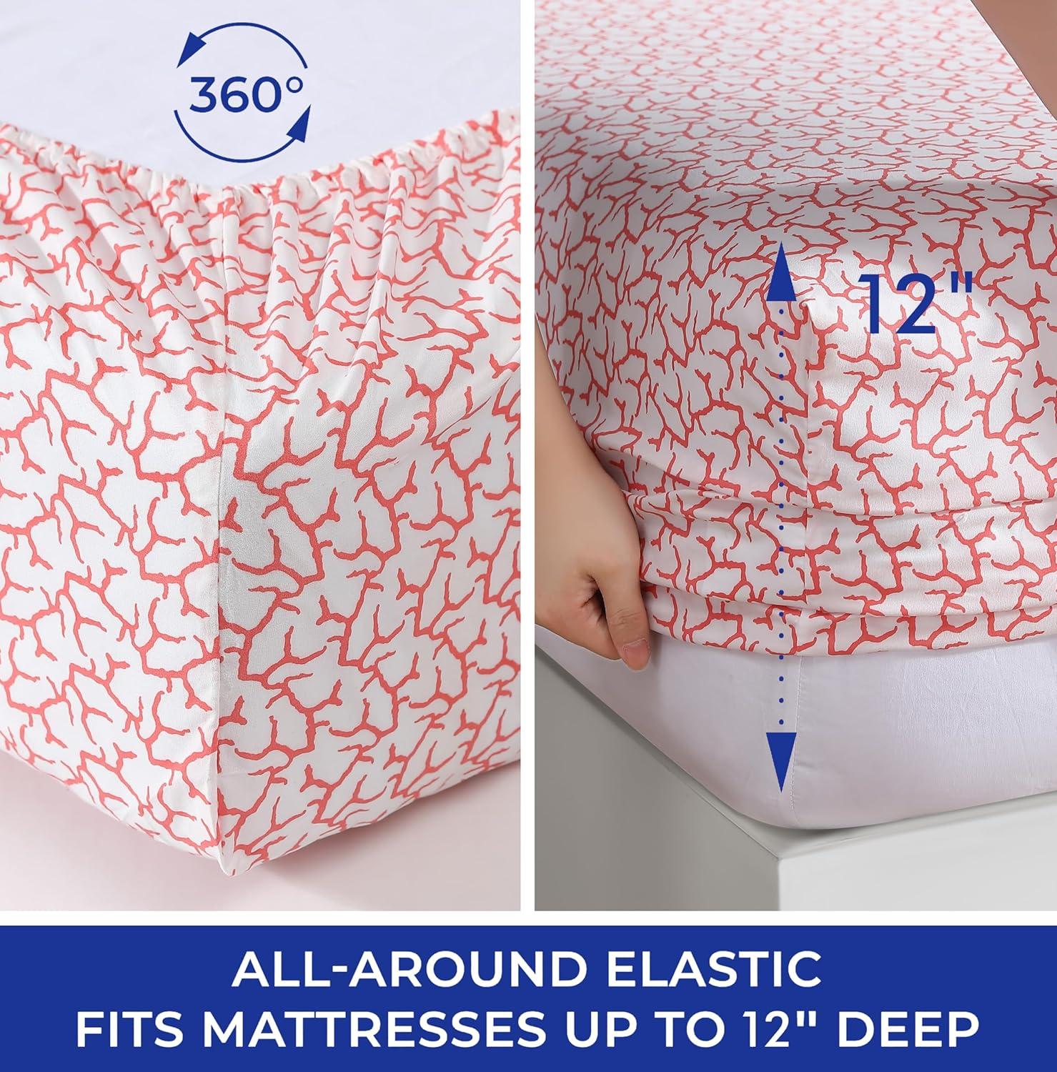 Coastal Print Microfiber Sheet Set, Full, Burnt Coral