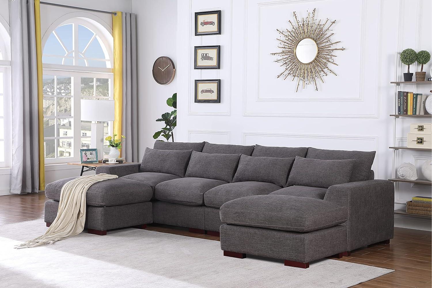 Beige Linen-Blend Modular Sectional Sofa with Ottoman & Toss Pillows