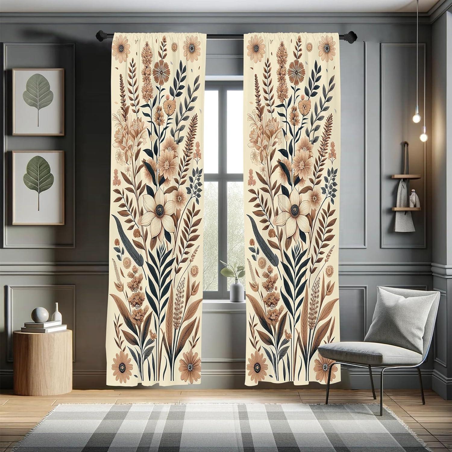 Ambesonne Vintage Floral Curtains 2 Panel Set, Garden of Nostalgia, Pair of - 28" x 95", Eggshell Umber Slate Blue