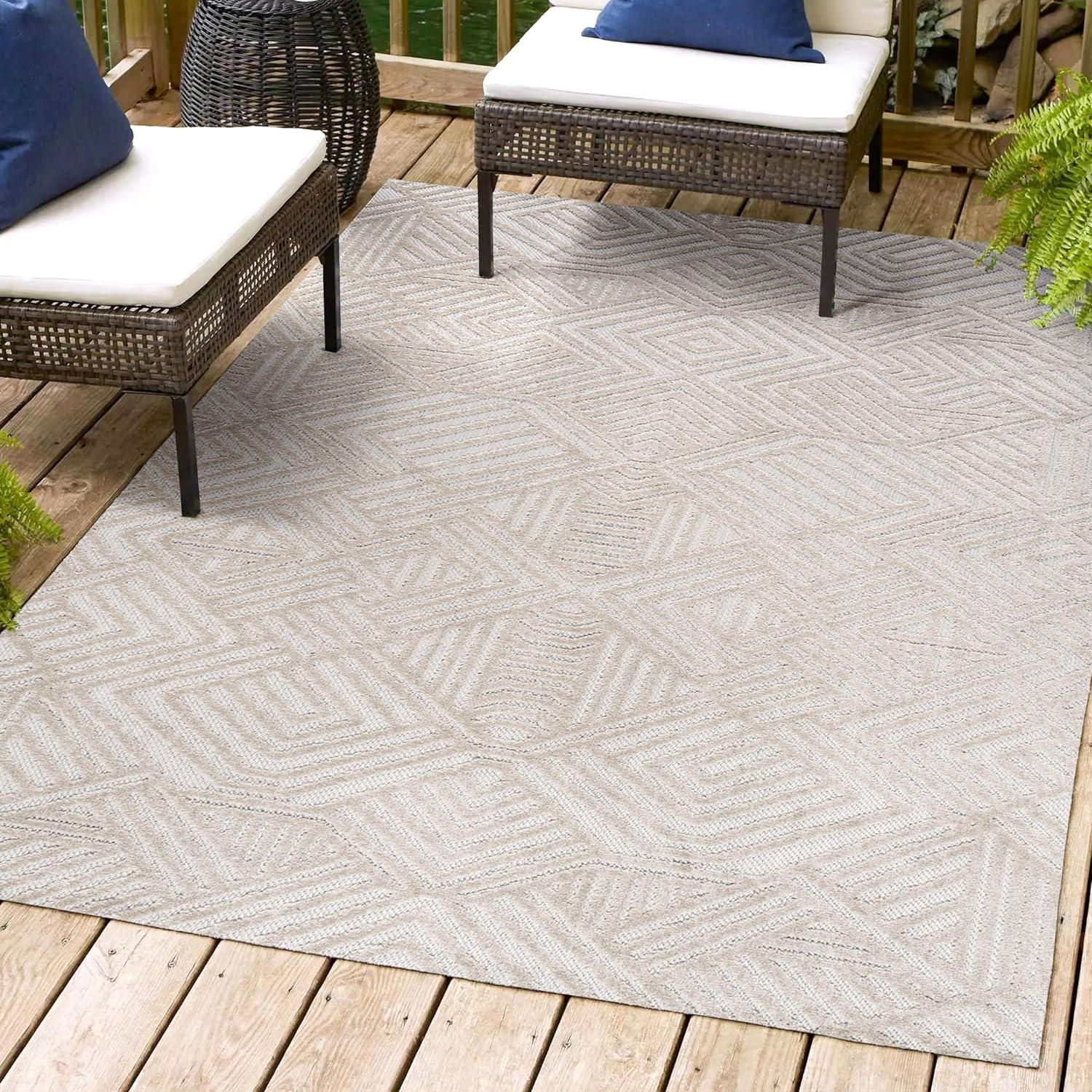 Jordan High-Low Pile Beige Geometric Indoor/Outdoor Area Rug