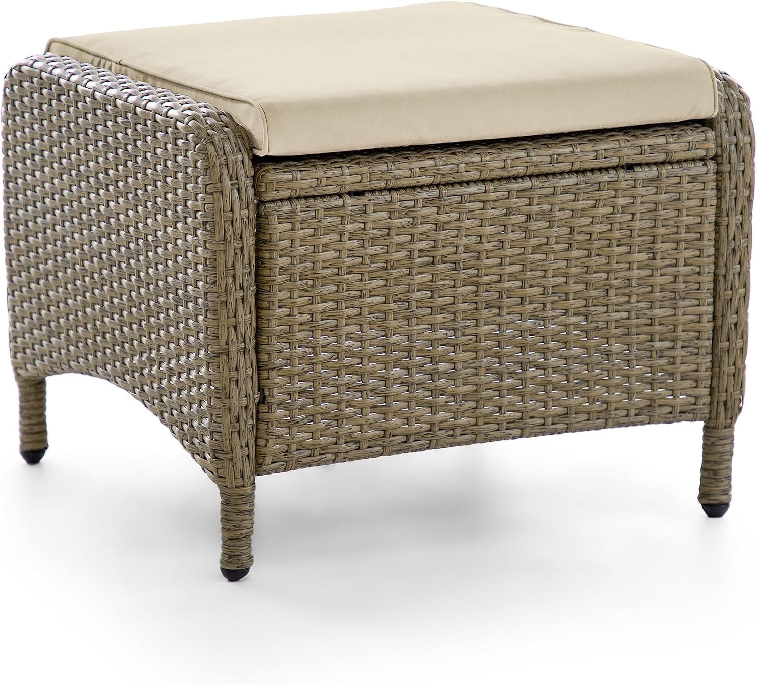 Beige and Natural Brown Wicker Outdoor Ottomans with Cushions, Set of 2