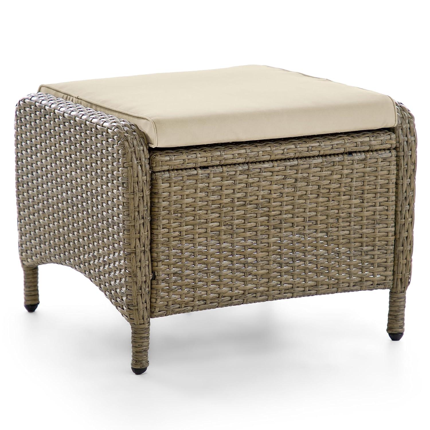 Beige and Natural Brown Wicker Outdoor Ottomans with Cushions, Set of 2