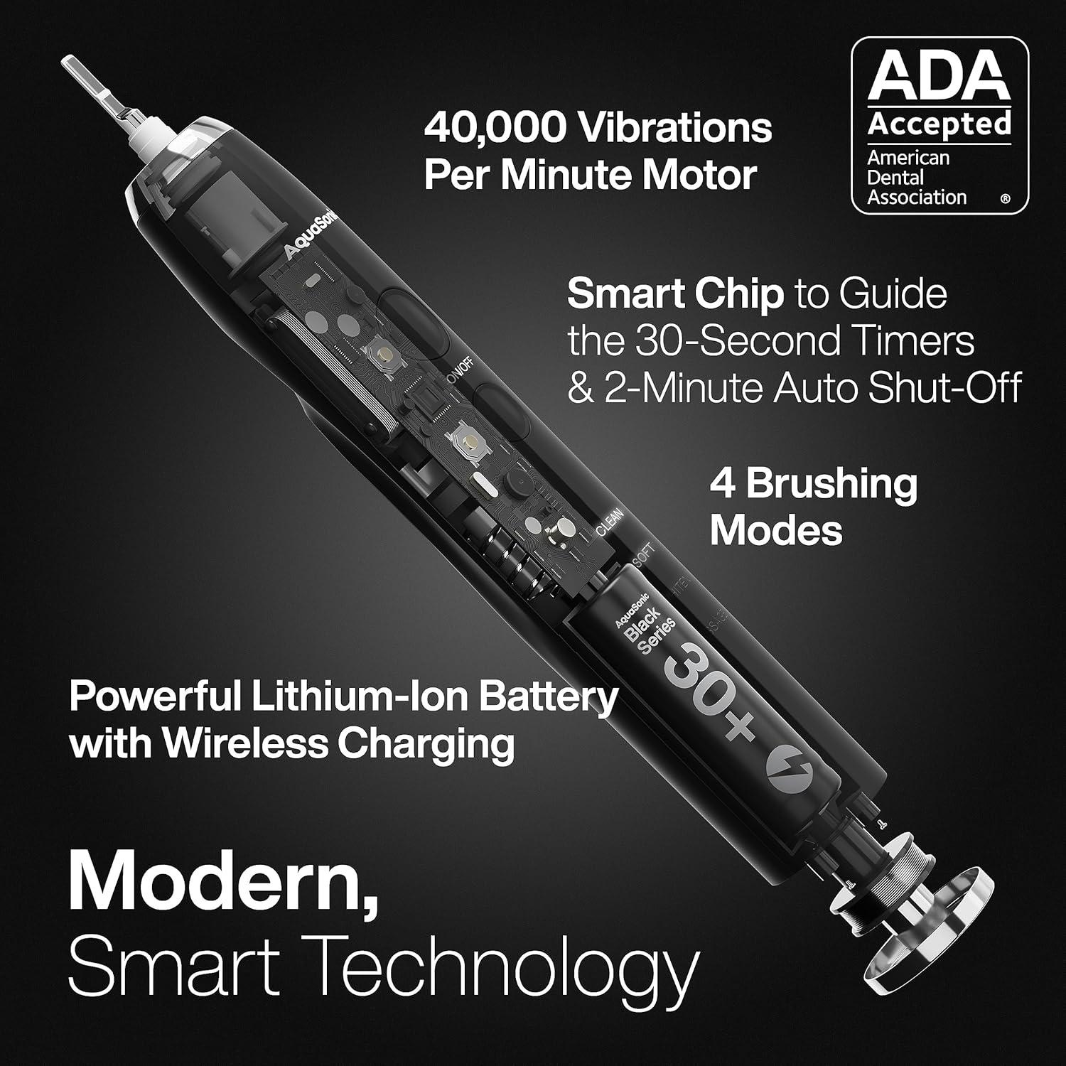 AquaSonic Black Series Electric Toothbrush - Rechargeable, 4 Modes, Travel Case, 8 Brush Heads