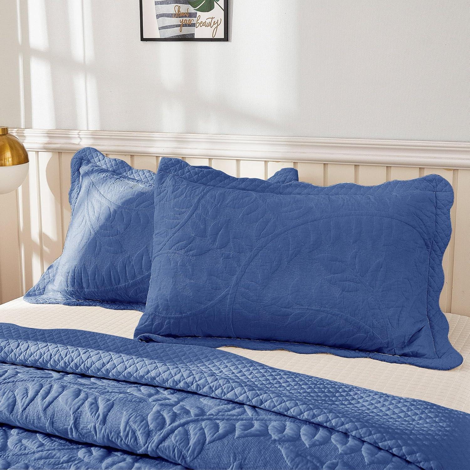 King Blue Cotton Embroidered Quilted Pillow Shams