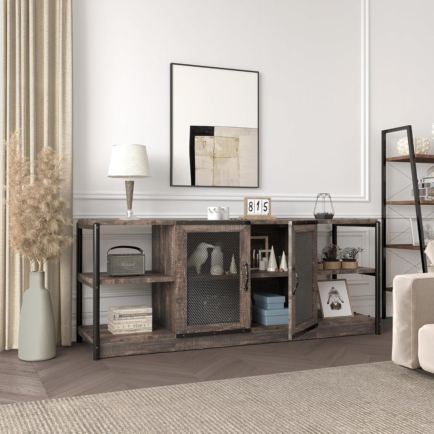 Rustic Oak Industrial TV Stand with Mesh Doors and Storage