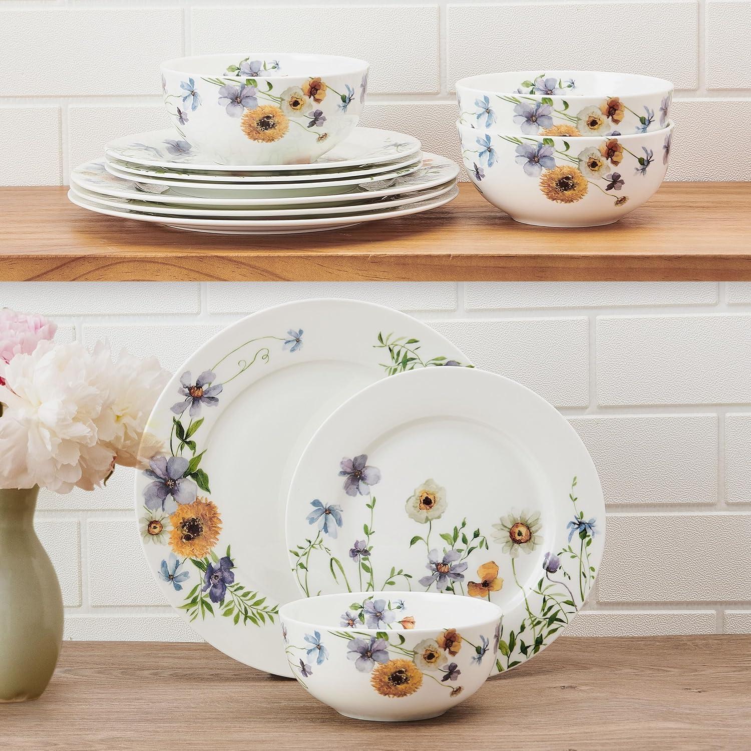 Audrina Floral White Porcelain 12-Piece Dinnerware Set, Service for 4